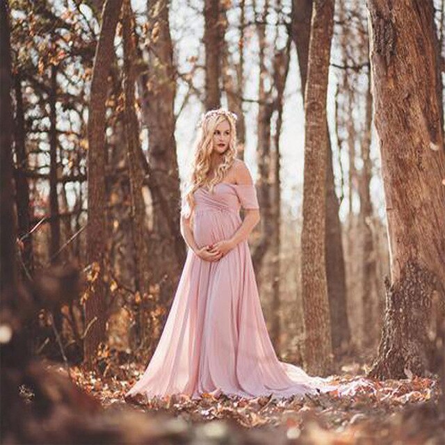 Mutterschaft aus Schultern Halbe Kreis Kleid für Baby Dusche Foto Requisiten Kleid Mutterschaft fotografie Requisiten Kurzarm V-ausschnitt Kleid: Rosa / L
