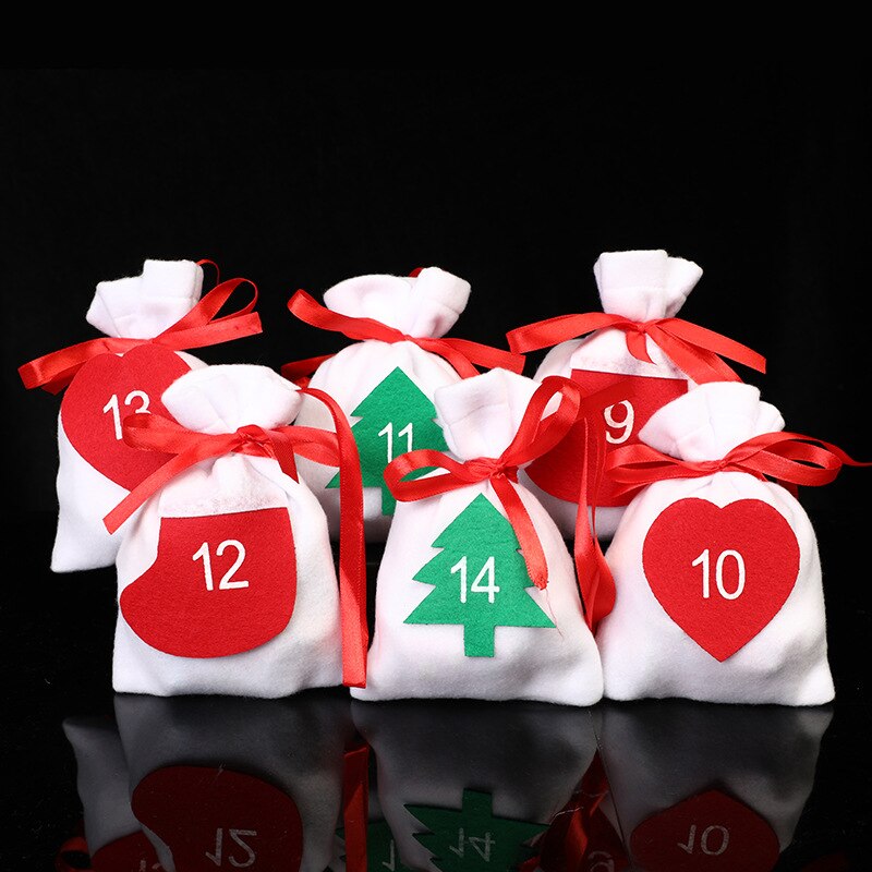 24 stuks/set doe-het-zelf adventskalender aftelkalender fluwelen zakjes met rood touw kerst trekkoord snoepzakjes jaarzak: Gedrukte stijl