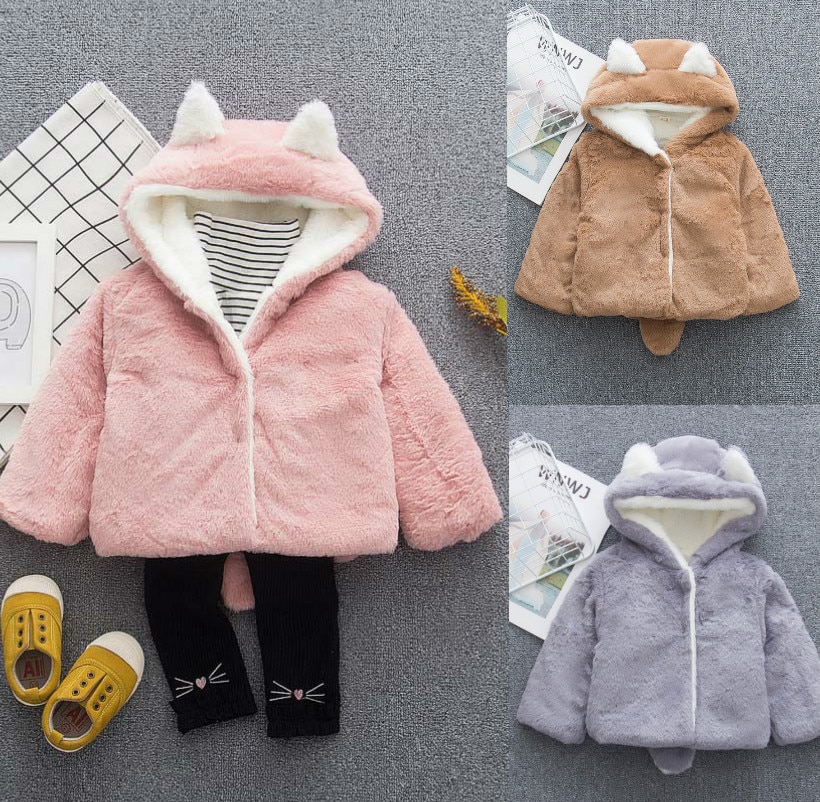 Herfst Winter Baby Jongen Meisje Jas Solid Leuke Oor Capuchon Pluche Warm Uitloper Unisex Kids Baby Kleding