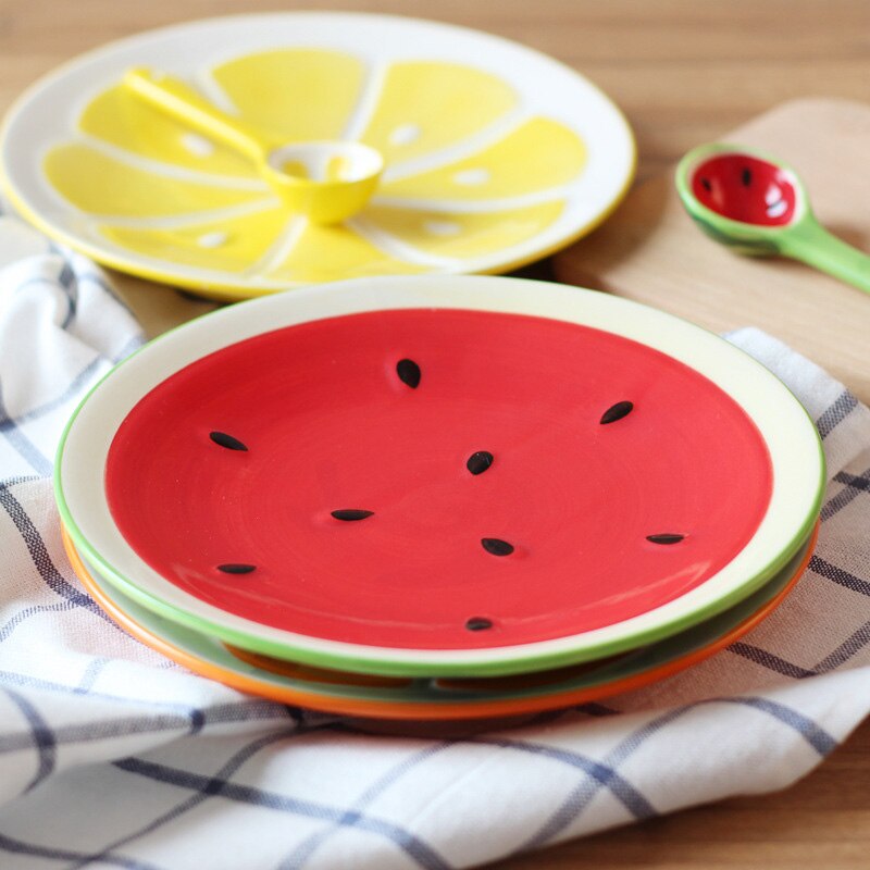 Plato plano de fruta con de naranja para comida, vajilla de ensalada pintada a mano, juego de vajilla de dibujos animados, plato de almuerzo para niños, 1 uds.
