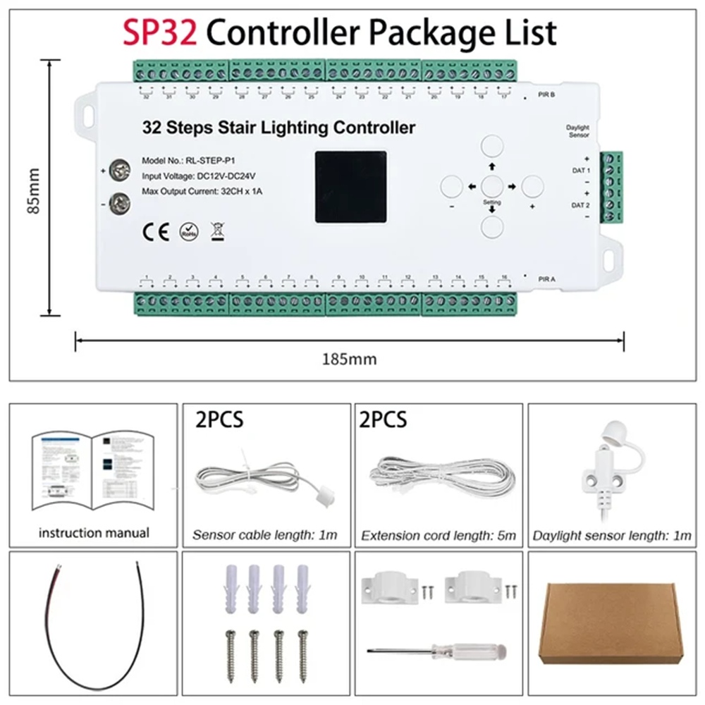 Controlador LED de escalera con Sensor de movimiento, tira de luces LED de paso de escalera de 12V y 24V, tira de luces de píxeles laterales, iluminación de escalera interior de 1-32 pasos