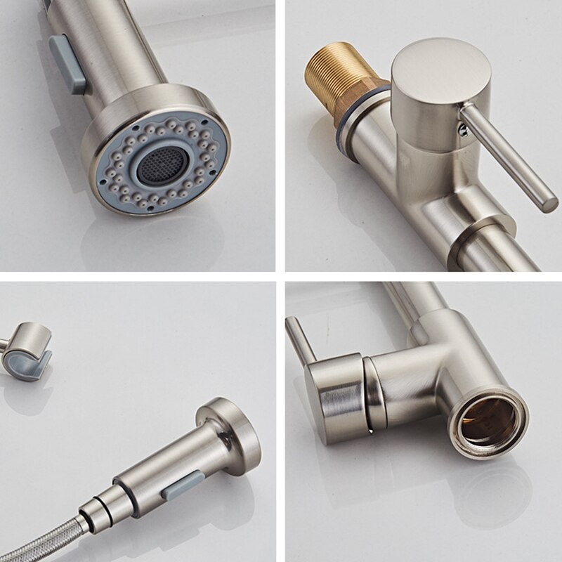 Single-Handle Sink Faucet Pull-Down Sprayer Spring Single Hole Home Kitchen Copper Faucet In Silver