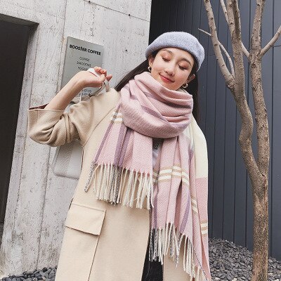 Bekväm dubbel-användning scarf höst vinter bekväm vintage tjock varm söt rutig stickad halsduk: Rosa