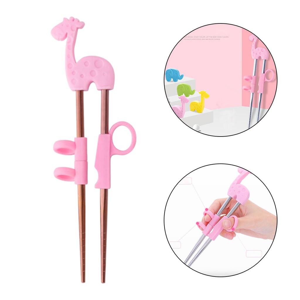 1Pair Stainless Steel Chopsticks For Kids Cartoon Learning Chop Sticks Reusable Training Chopsticks Cute Children Tableware Set: B Pink Giraffe