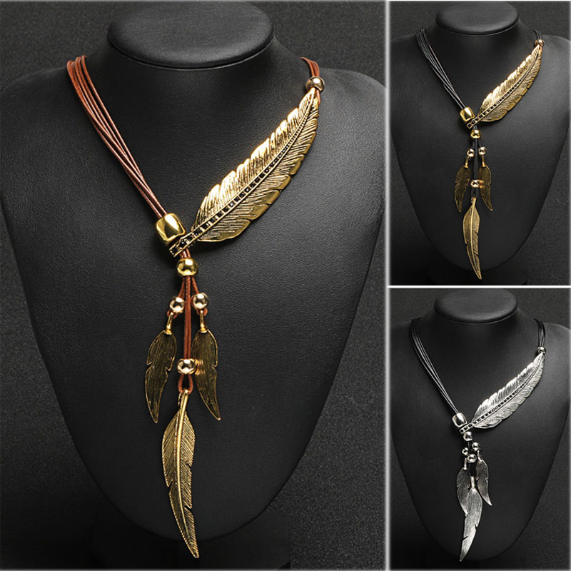 Colgante con de pluma y hoja de cadena de cuerda de estilo bohemio para mujer, joyería fina, collar llamativo