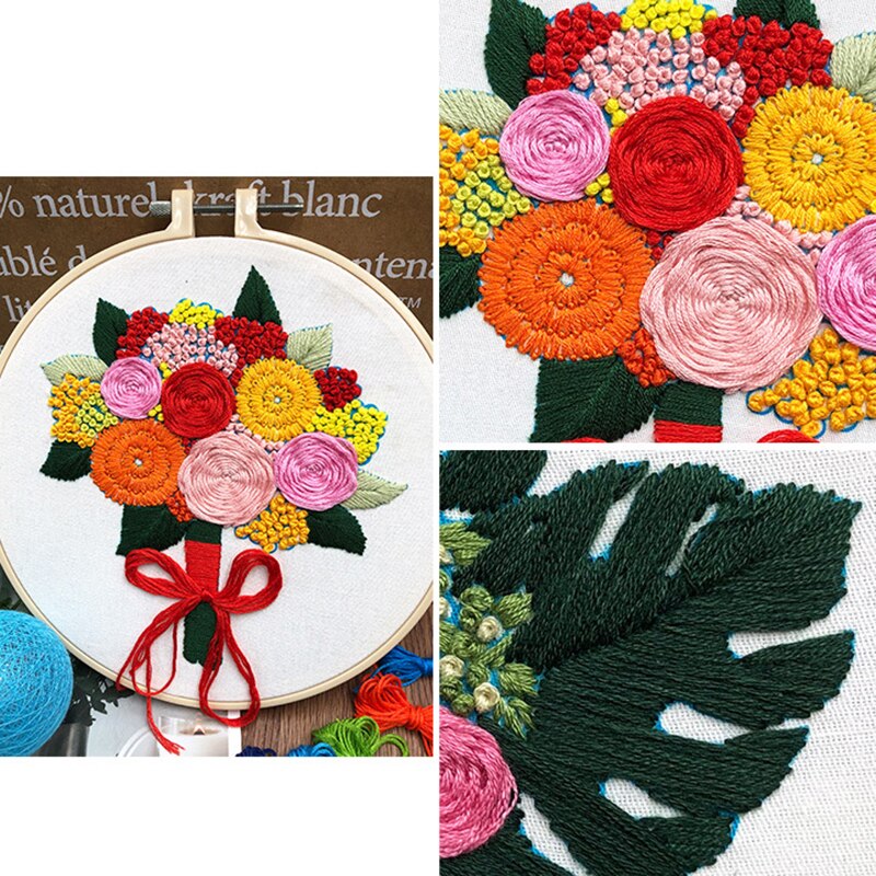 European-style Flowers DIY Embroidery Ribbon Set Beginners With Embroidery Shed Sewing Kit 3D Flowers Embroidery Kit with Hoop
