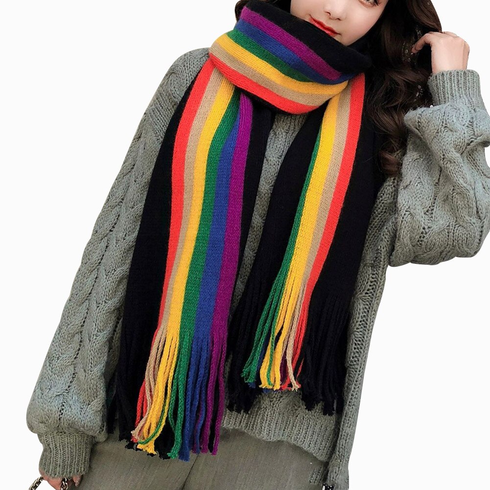 Warme regenboog dames meisjes sjaals omslagdoeken kwastjes lange gebreide sjaal multifunctionele sjaal lxh