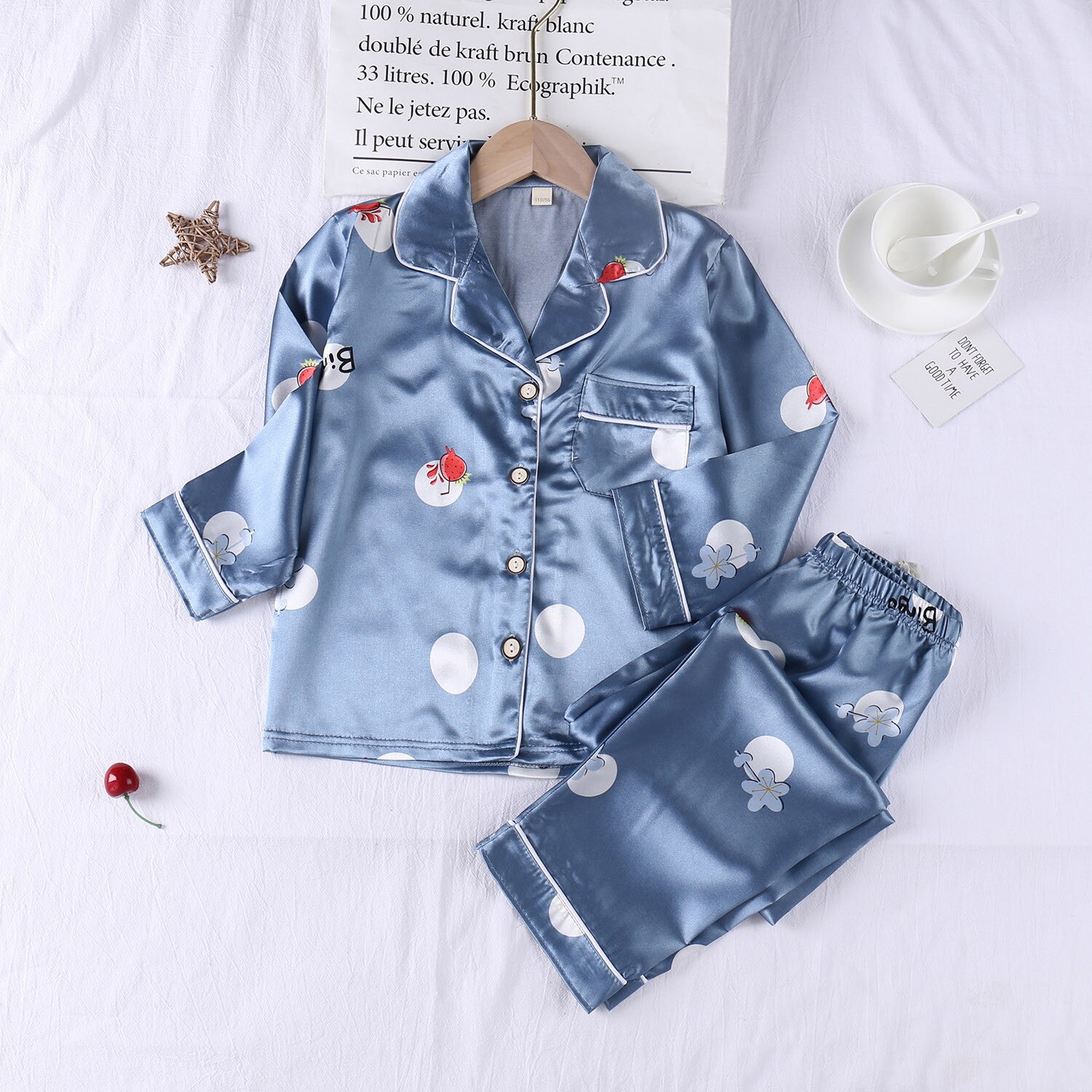 2Pcs Kid Baby Boy Meisje Zijden Pyjama Set Nachtkleding Nachtkleding Lente Herfst Print Outfit Set Lange Mouw + broek Nachtkleding