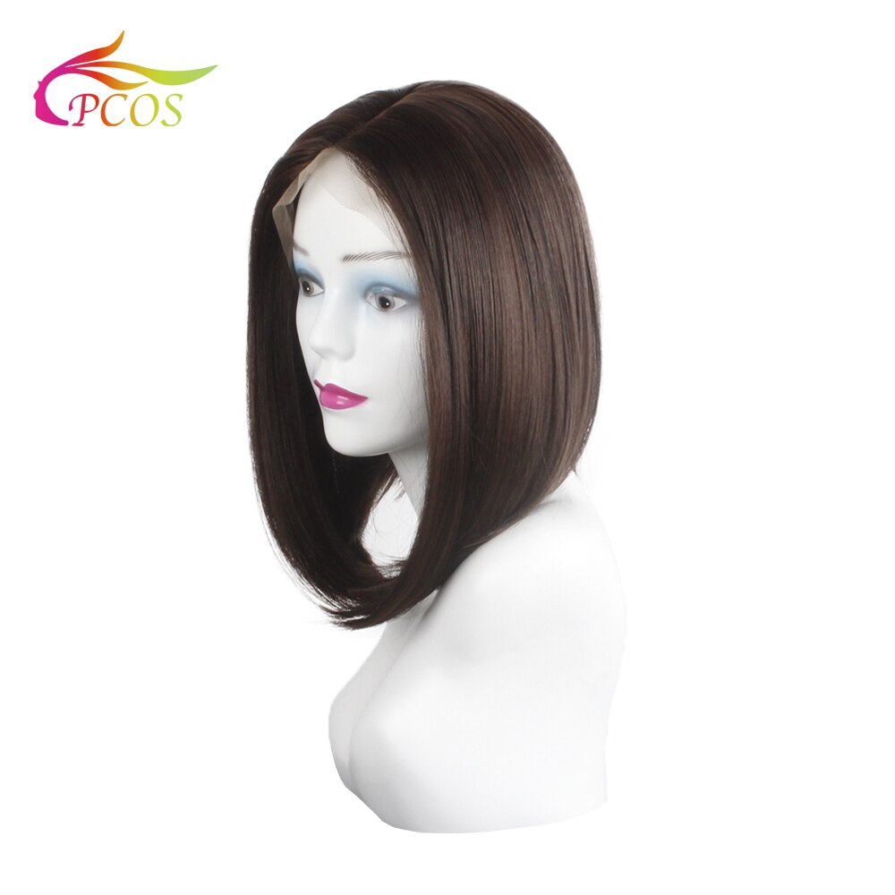14"Short Female Bob Front Lace Synthetic Wigs Brown Middle-part Wig for Black White Women Frontal Lace Line Hair Wig: Default Title