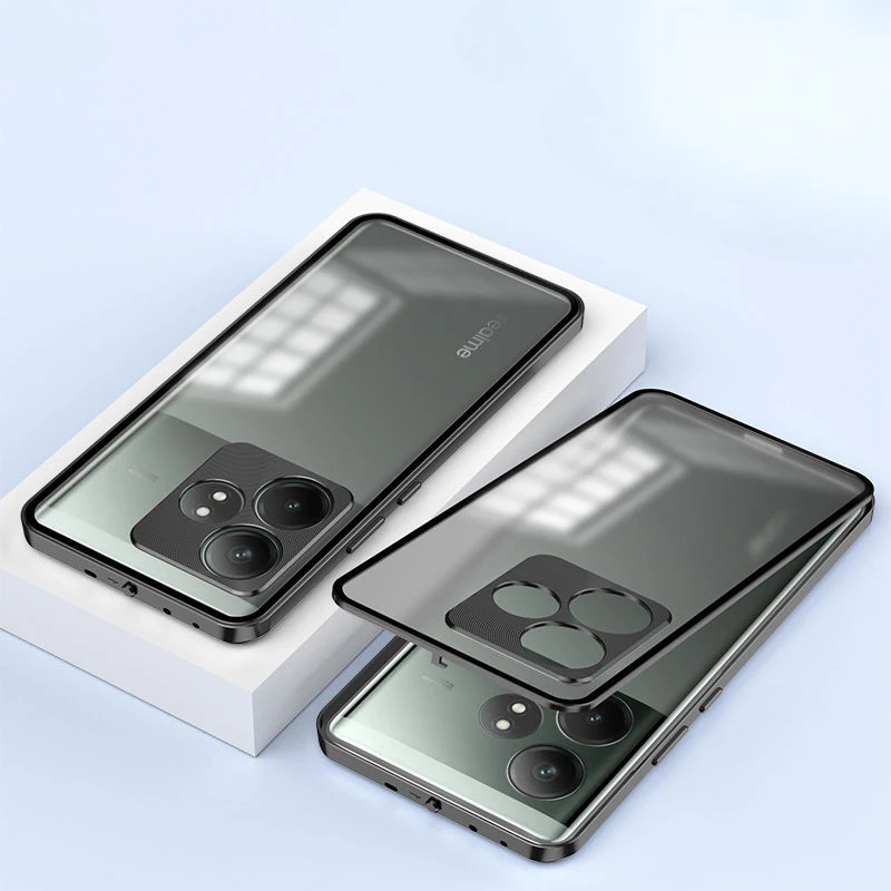 Funda de aleación de aluminio para Realme GT6 GT 6T Neo6 SE, Fundas de vidrio magnéticas para Realme GT 6 Neo 6, Funda de parachoques mate a prueba de golpes: Aluminio / Negro