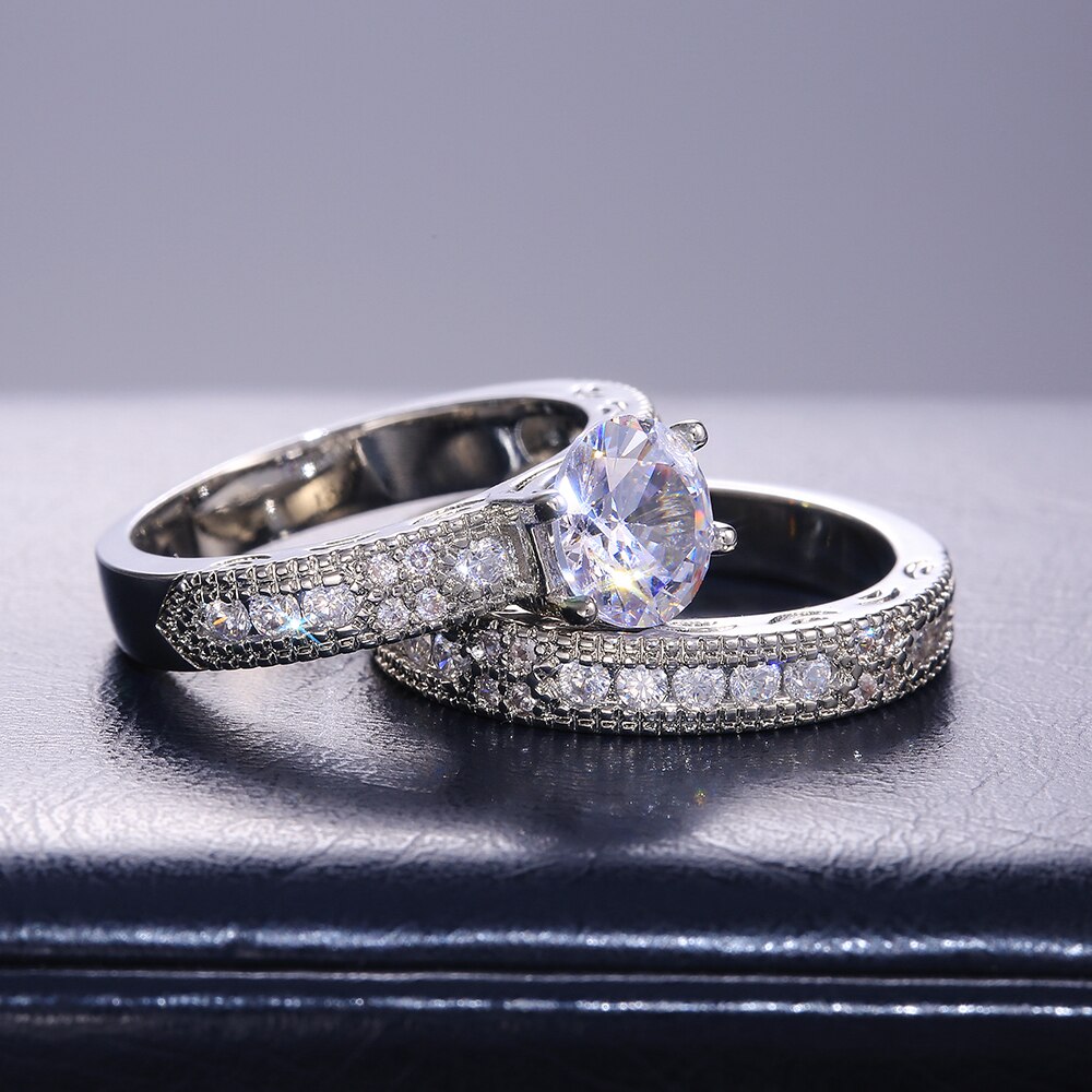 Hutan Ethnic Bridal Wedding Women Ring 2Pcs Silver Color Noble Lay Party Finger Rings CZ Stone Stylish Jewelry