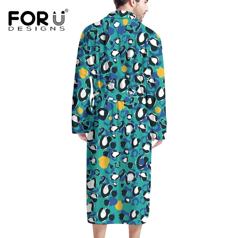 FORUDESIGNS Männer Roben sexy Blau Leopard Warme Bademäntel Lange Ärmeln Kleid Mantel Peignoir Homme Freizeit Plüsch Frottee Tuch Nachtwäsche
