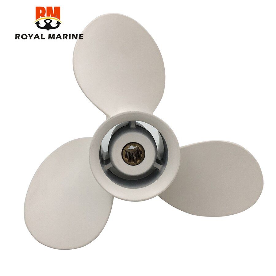 63v-45945-00- el påhængsmotor propeller 9 1/4 x 9- j aluminiumslegering til yamaha 9.9-15hp hvide 3 blade 8 spline tand r-rotation