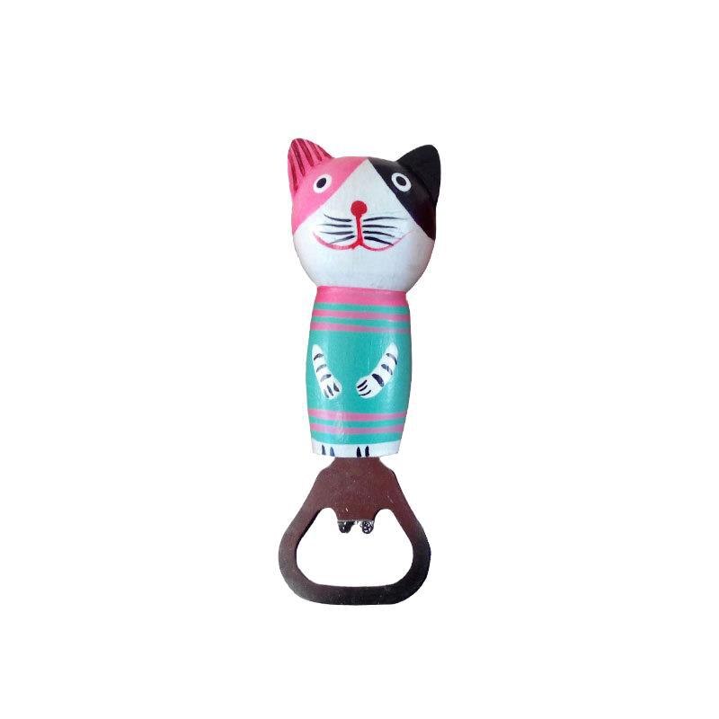 1 Uds de madera multifuncional gato de dibujos animados cerveza abrebotellas magnético refrigerador: D
