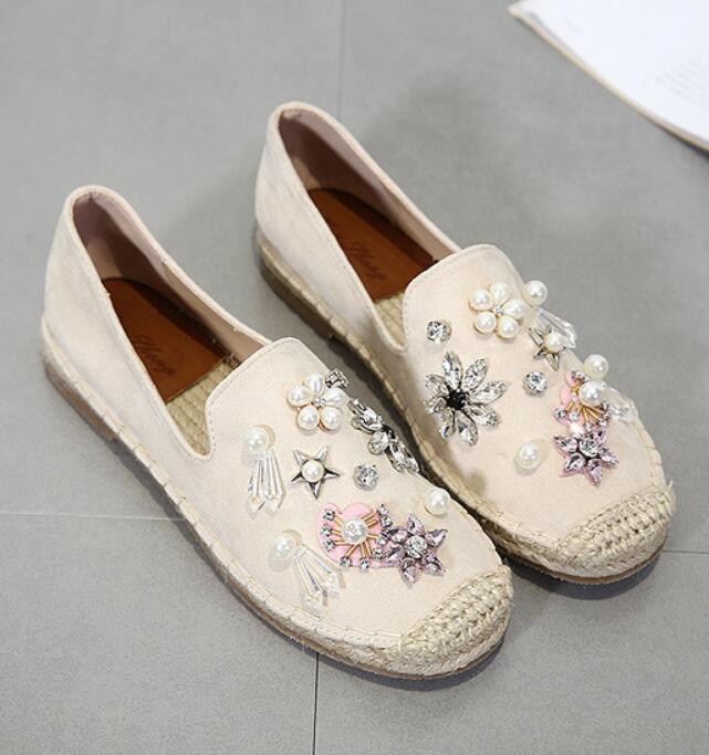 Perle de luxe en tricot pêcheur creeper chaussures femmes perles cousues à la main espadrilles appartements cristal paresseux mocassins antidérapant mocassins: apricot / 9