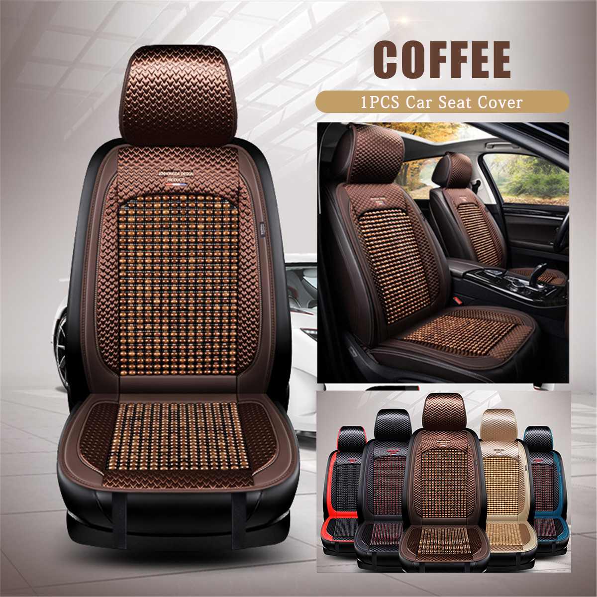 Universal Summer Cooling Auto Front Seat Cushion Protector Beads Leather + Bamboo Car Seat Covers Breathable: Camel
