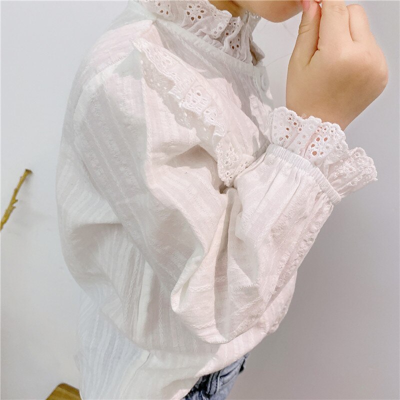 Volante para niña pequeña, Blusa de algodón para niño niña, Camisa sin mangas de manga larga, blusa blanca para otoño y primavera, ropa de bebé de 1 a 7 años