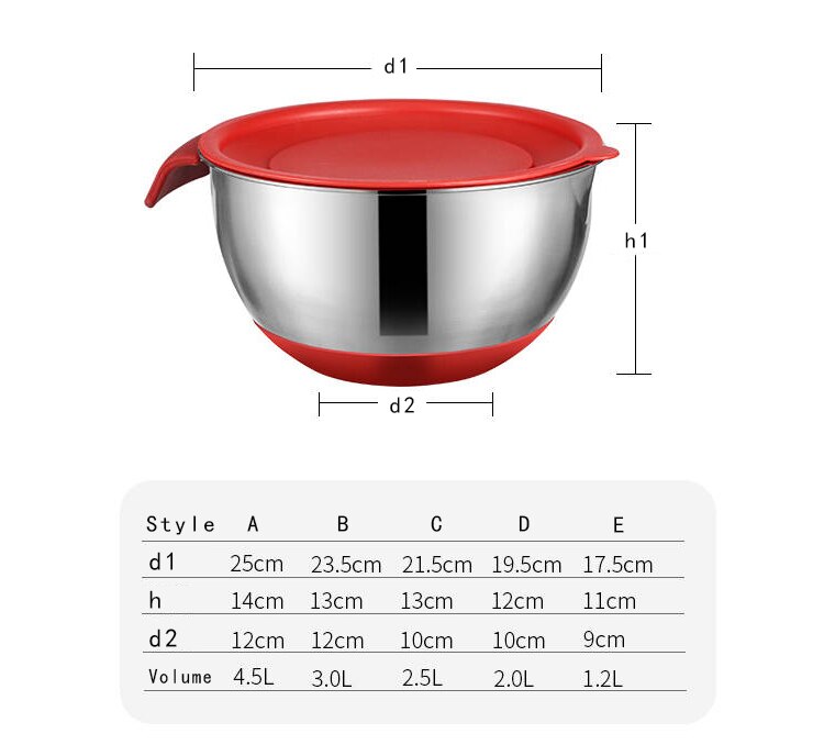 Premium Sealed Bowl Various Sizes Stainless Steel Non Skid Base Measuring Salad Spout Mixing Bowl Set with Silicone Handles