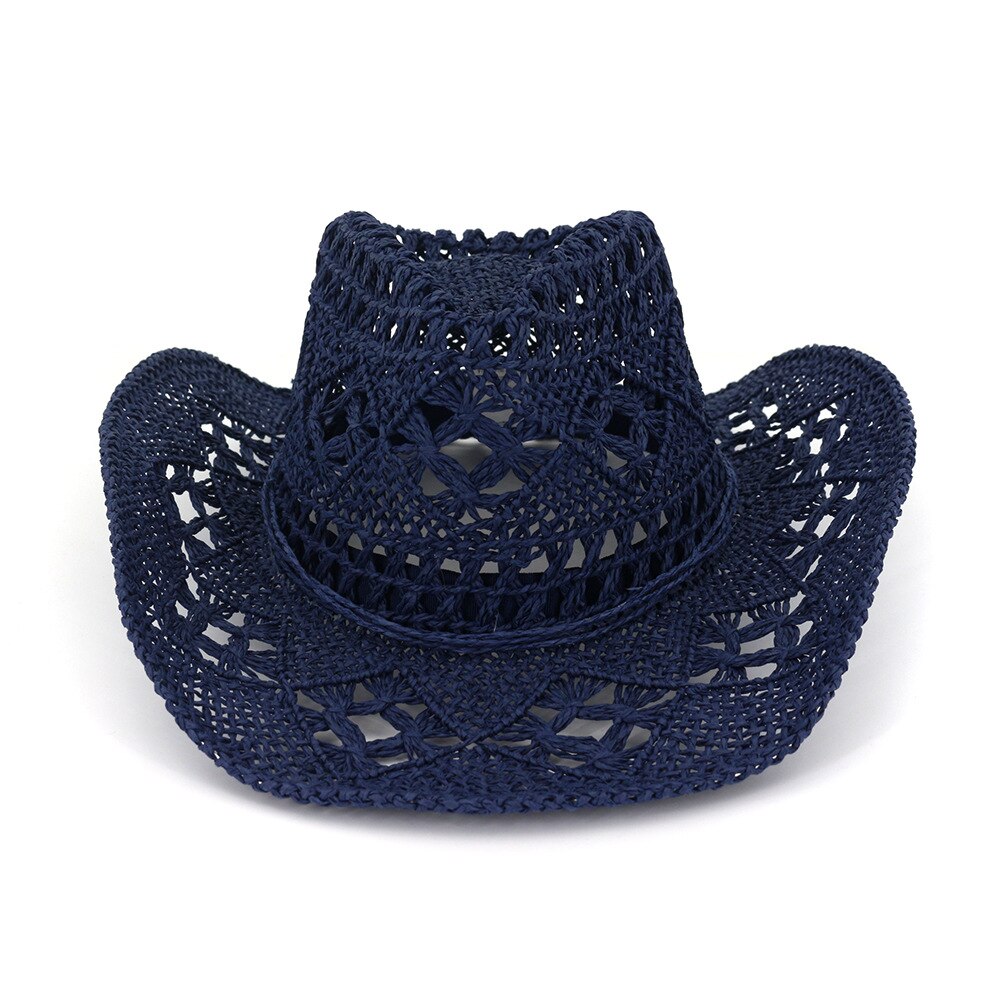 Sombrero vaquero hueco de rafia para hombres de verano con cuerda delgada de ala ancha rizada occidental gorro de protección solar Unisex sombreros