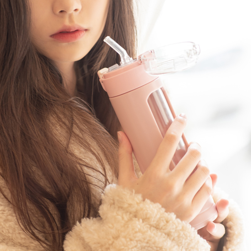 Dubbel bärbar glas söt vattenflaska kawaii kopp tumlare med sugrör för flickor mjölk kaffe juice vaso con tapa y pajita