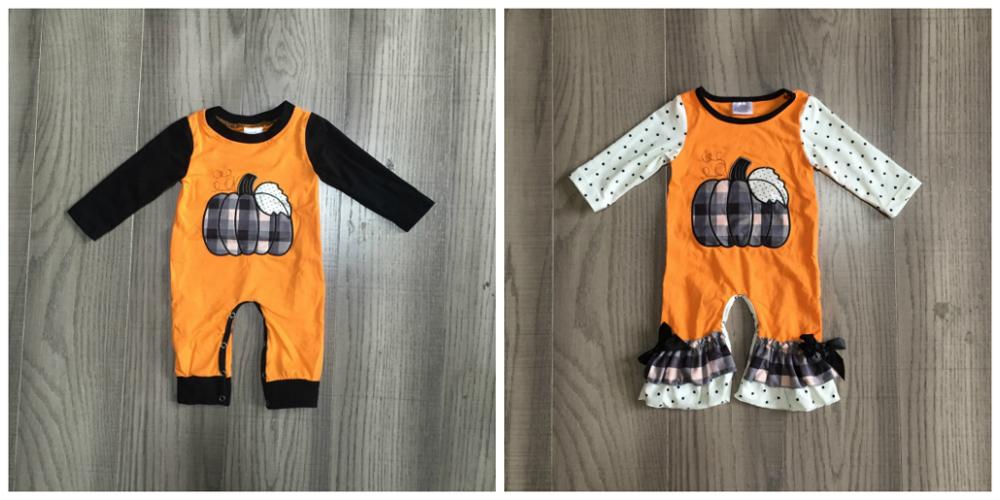 Girlymax Thanksgiving Baby Jongens Meisjes Peuter Orange Pompoen Boerenbont Kleding Baby Romper Katoenen Romper Lange Mouw Ruches