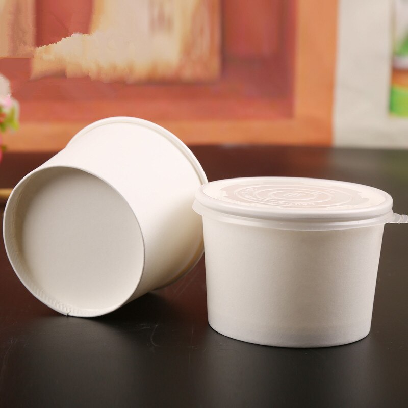 50pcs White ice cream takeaway packaging cup party birthday wedding food soup cake round pattern thick paper cup with lid