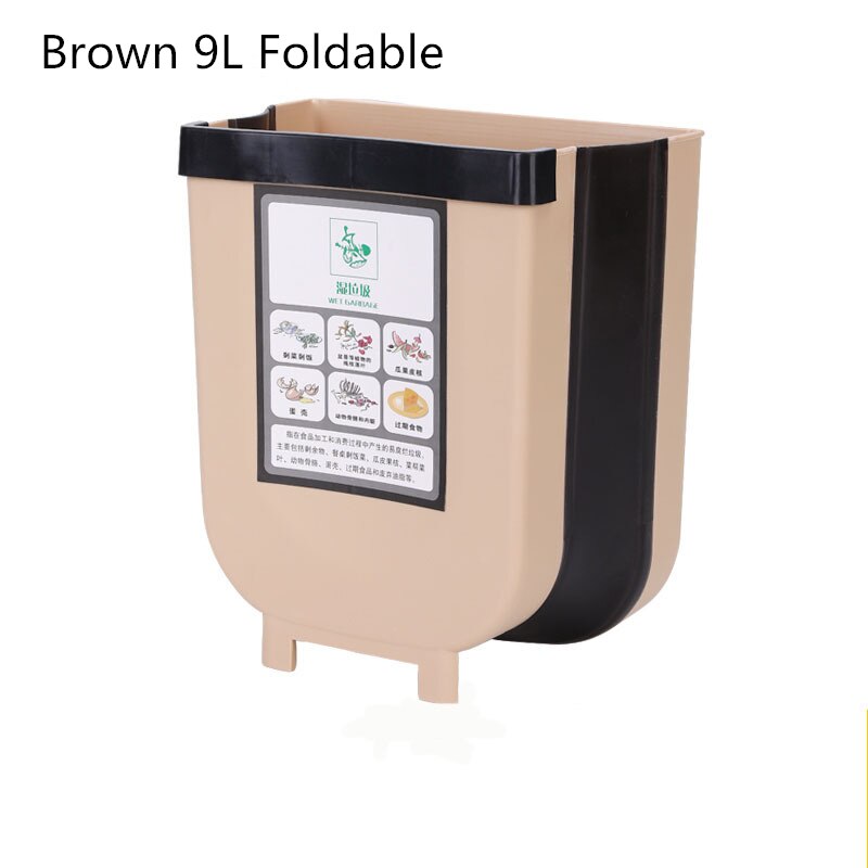 10L Kitchen Foldable Trash Bin Wall Mounted Hanging Trash Bin For Kitchens Cabinet Door With Lid Kitchen Trashs Bin Garbage Cans: 9L Brown
