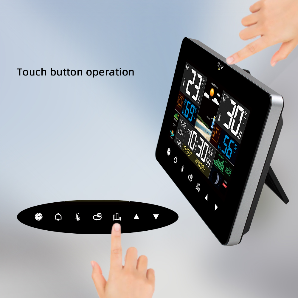 Multifunctioneel weerstation Wekker Touchscreen Thermometer Hygrometer Draadloze sensor Zonsopgang Zonsondergang Hygrothermograaf
