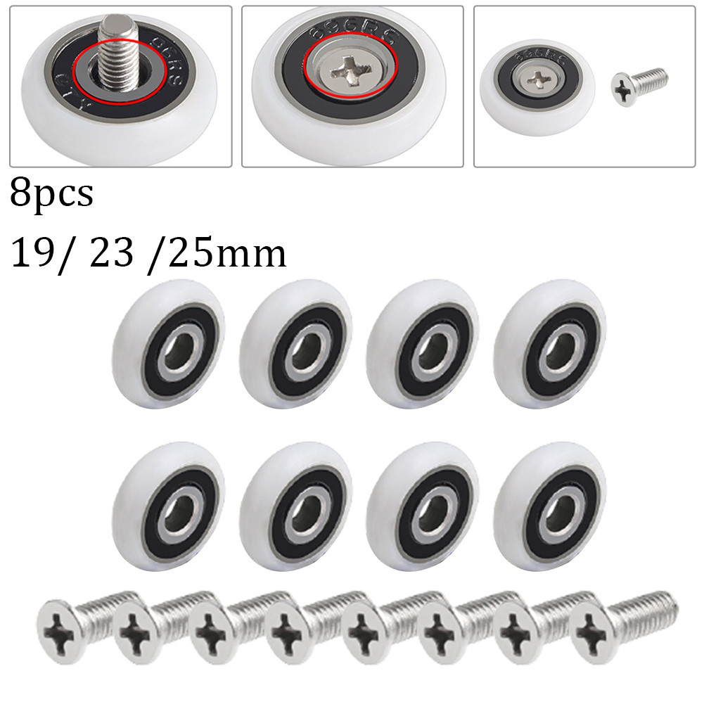 8 stk. reservedeler til dusjdørruller, dusjskinnehjul, 19/23/25mm hjuldiameter til dusjkabinett med dampkabinett