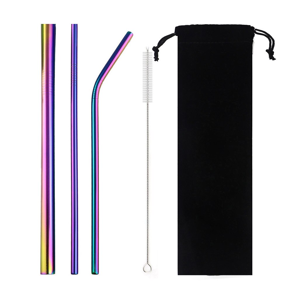 5-Pcs Metal Reusable Straw Colorful Pink Eco-Friendly Drinking Straws Set 304 Stainless Steel Straw Set with Brush Pouch Bag: Rainbow