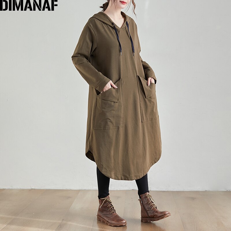 DIMANAF vestido para mujer en tallas grandes de manga larga de algodón con capucha básica Lady Vestidos bolsillos suelto sudaderas con capucha primavera ropa para mujer