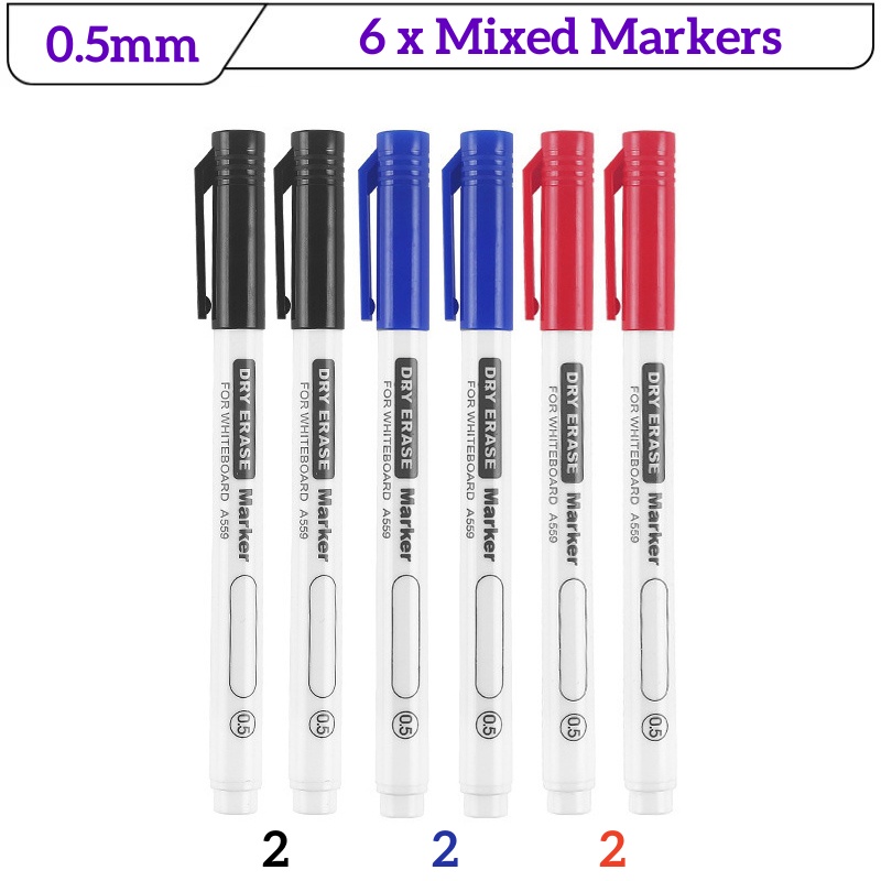 6 Stuks Fijne Tip Droog Wissen Markers Set 0.5/0.7/1.0mm Dunne Whiteboard Pennen Zwart Blauw Rood uitwisbare Markers voor Onderwijs Kantoor: Bordeaux