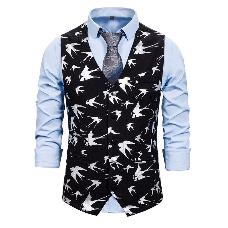 Heren zakelijk casual pak vest hipster zilveren vlieg vogel bronzen print vest heren feest bruiloft bruidegom smoking vesten mannen