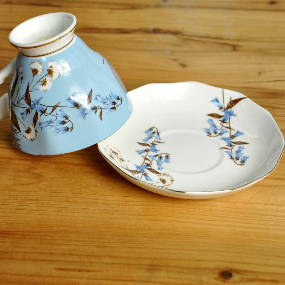 Bone porcelæn ,1 kop +1 underkop, eftermiddagste sæt, keramik til kaffe og puer/sort/frugt/blomst te, blå klokkeblomst