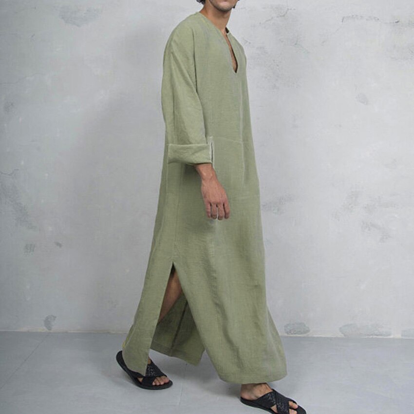 Mannen V-hals Moslim Traditionele Thobe Gewaad Side Split Islamitische Kleding Effen Linnen Ademend Arabische Dubai Turkse Kaftan: Color3 / XXL