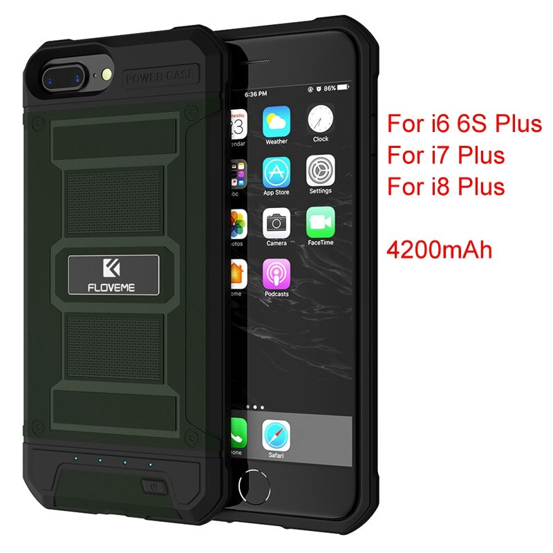FLOVEME Chargeur de Batterie De Téléphone Portable étui pour iphone 6 6S Plus 7 8 Plus batterie externe Armure Portable Batterie Externe Cas: Green i6 i7 i8 Plus