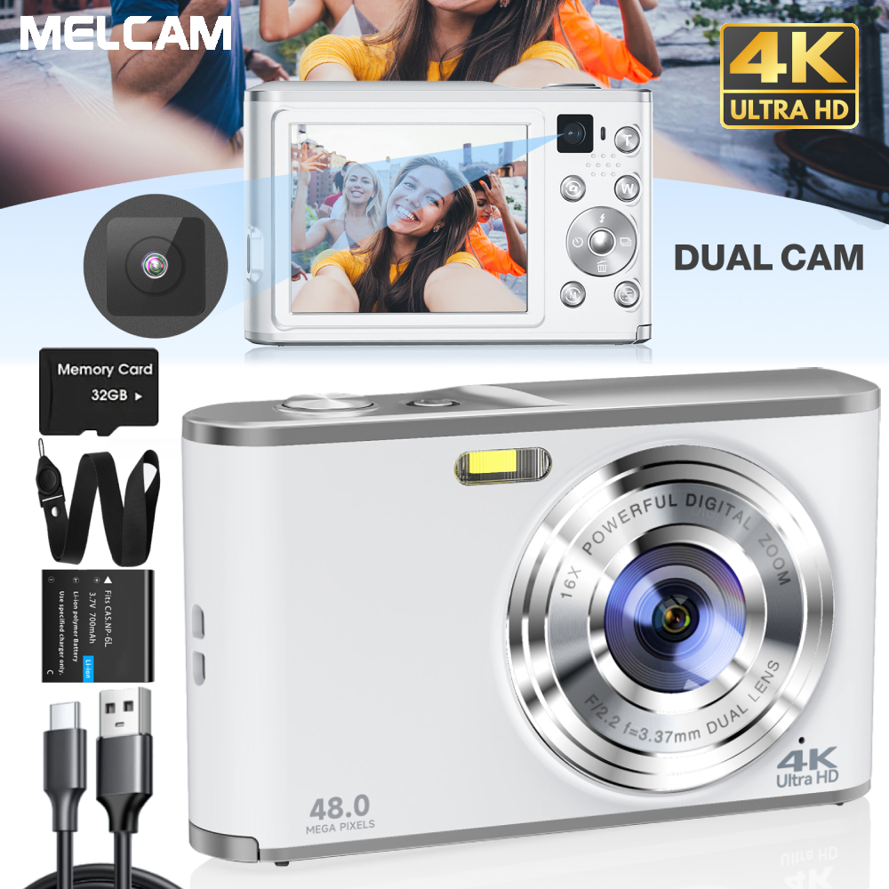 Cámara digital 4K Cámara Vlogging con enfoque automático con lente delantera y trasera, tarjeta de 32 GB, cámara selfie con zoom digital de 48 MP y 16X, negro, blanco