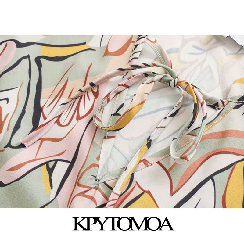 Kpytomoa dames chique geprinte geplooide midi-jurk vintage geknoopte hals lange mouwen damesjurken vestidos mujer