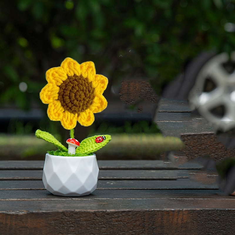Hæklet solsikke potte skrivebordstilbehør hæklede blomster bryllupsgæst kunstig blomst værelsesdekoration mors dag