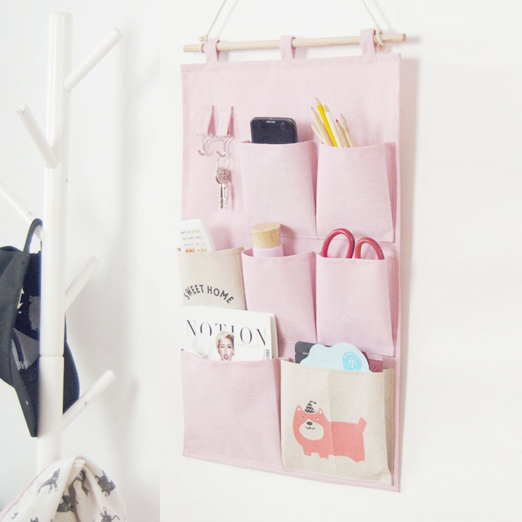7 Pockets Hanging Bag Cotton Linen Wall Door Closet Hanging Storage Organizer for Room Bathroom