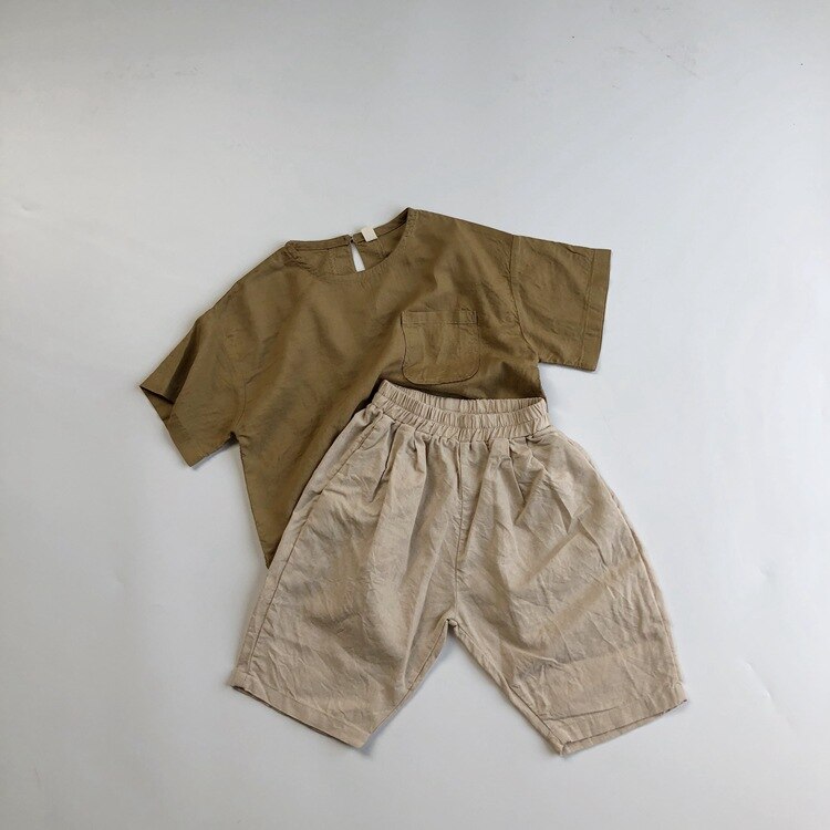 Chemise pour enfants été coréen lin coton rétro Mori chemise garçons et filles col rond chemise