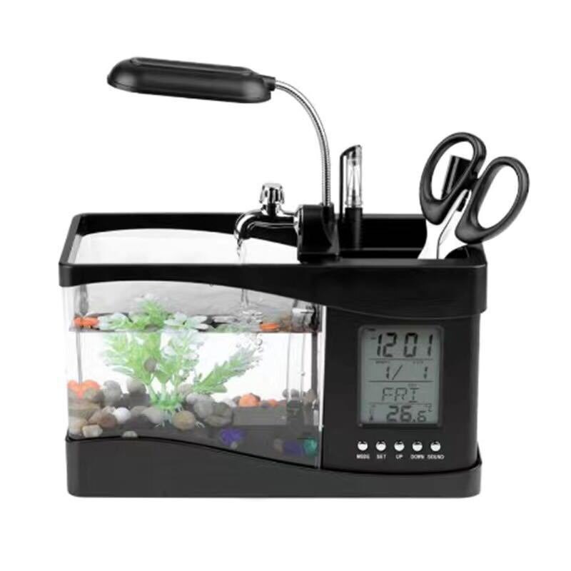 Usb Mini Fish Tank Aquarium With Storage Box Led Lamp Light Lcd Screen