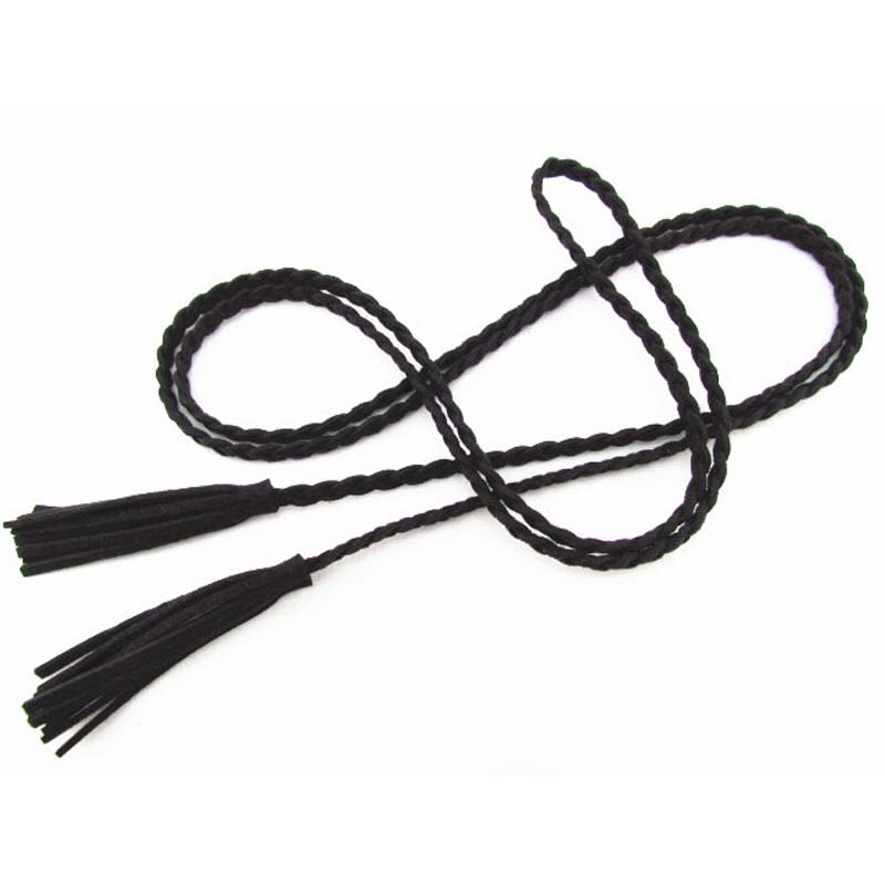 Hand-knit Long Pu Leather Braid Belt String Band with Tassel Casual Partty Dress Belts for Women Girl