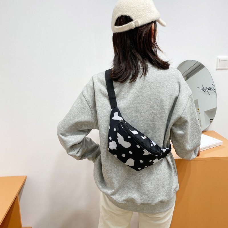 Pochete feminina com estampa de vaca, bolsa de cintura de pano oxford para mulheres, designer de moda, pochete, cinto feminino, bolsa de ombro transversal de peito, bolsa de quadril