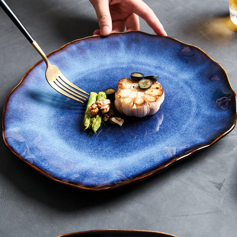 Japanese Ceramic Flat Plate Food Dish Pottery Irregular Dish Dinnerware Salad Platter Dishes Set Kitchen Decoration Tableware