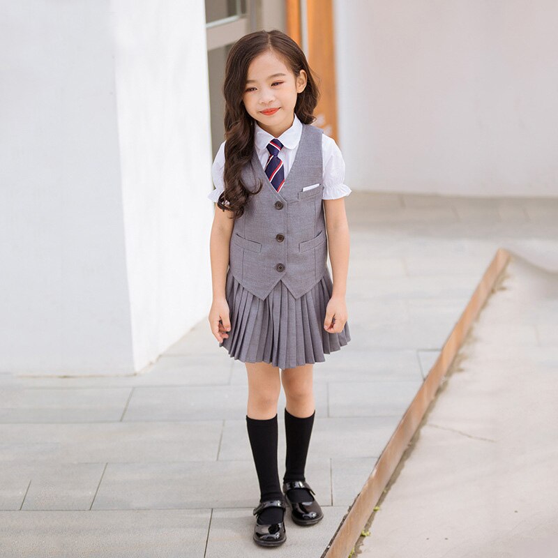Dzieci koreański mundurek szkolny chłopcy dziewczęta plisowana spódnica kamizelka Top dzieci odzież sportowa zestaw strój sceniczny mundurek szkolny: girls set / 110cm height