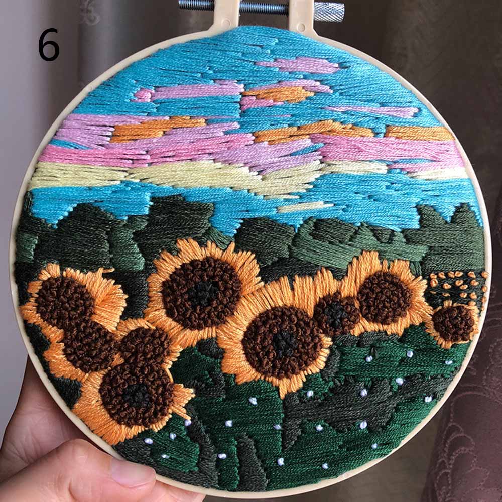 DIY Embroidery Flower Landscape Handwork Needlework for Beginner Cross Stitch kit Ribbon Painting Embroidery Hoop Home Decor: A-6