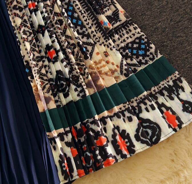 Dzianinowa, patchworkowa, plisowana sukienka midi na jesień i zimę, damska, z długim rękawem, etniczna, retro, z nadrukiem, plisowana sukienka