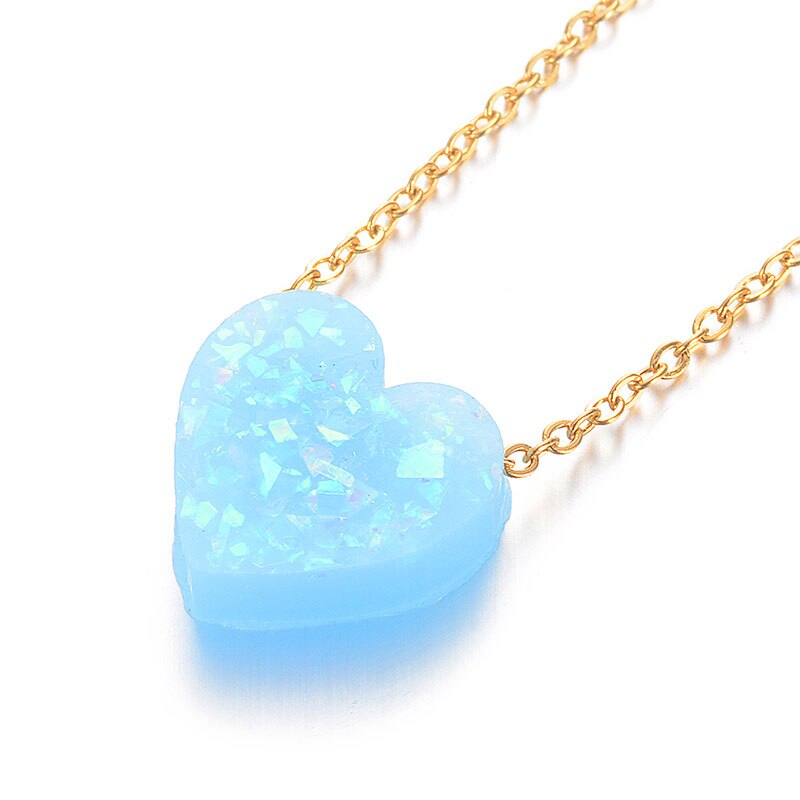 6 Colors 12mm Heart Shape Opal Stone Pendant Necklace 316L Stainless Steel Gold Chain Collar Jewelry Girlfriend: blue