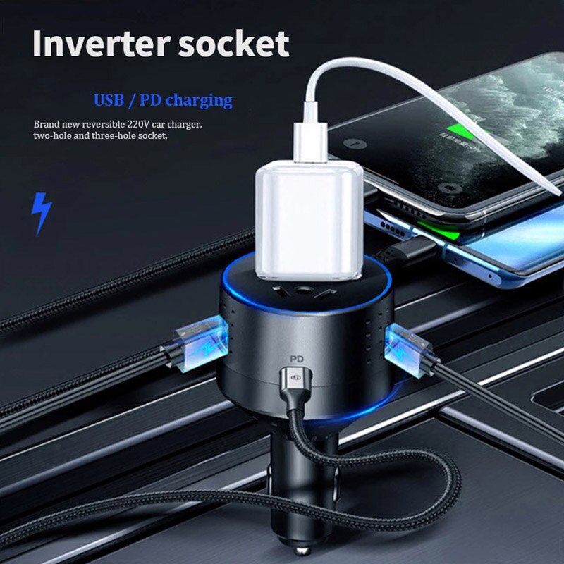 Urvns 12V Naar 220V Auto Omvormer Type-C Pd QC3.0 Snel Opladen Auto-oplader Sigarettenaansteker Usb lader Met Spanning Display